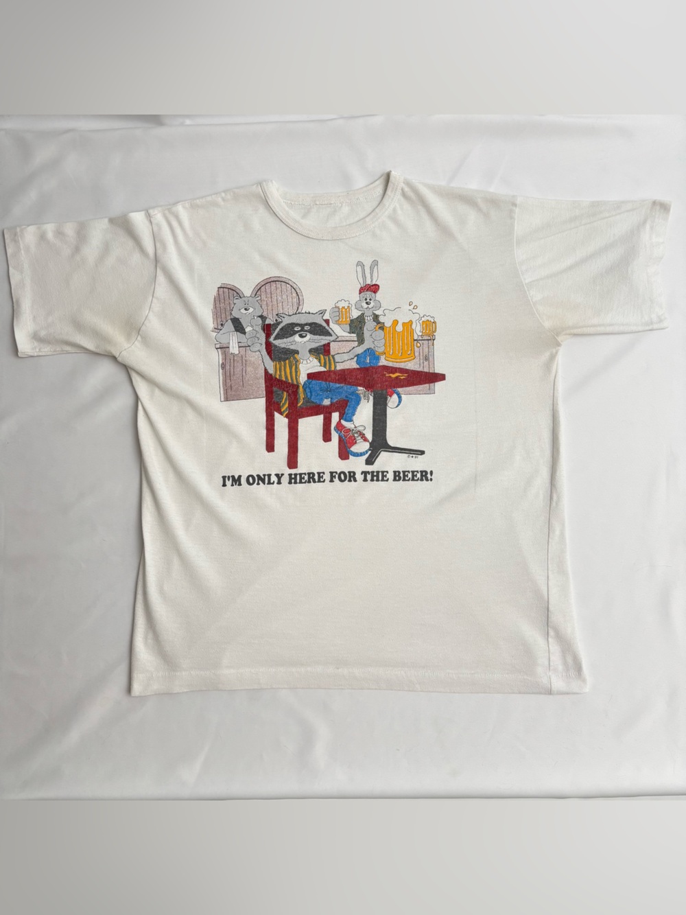 Vintage 90's 1991 Beer Racoon Cartoon Novelty Single Stitch T-shirt Mens Sz L
